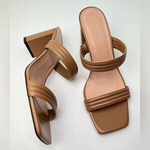 New J. Crew Evelyn Leather Double Strap Tan Neutral Heel Mule Sandals